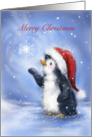 Cute penguin with Santa’s hat catching snowflake, Merry Christmas. card