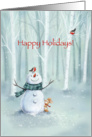 Cute snowman with friends, cerebrating Christmas holidays in woodland. card