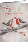 Two robins on snowy branch, passing berry to another. Happy New Year. card