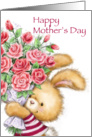 Cute rabbit holding a bunch of flowers to Mom, happy mother’s day. card
