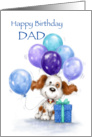 Cute dog with balloons and a present for father’s birthday. card