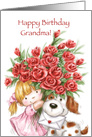 Cute girl and dog holding a bunch of red roses for grandma’s Birthday. card