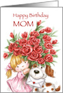 Cute girl and dog holding a bunch of red roses for mother’s Birthday. card