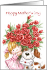 Cute girl and dog holding a bunch of red roses for Mother’s day. card