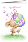 Cute easter rabbit holding a big painted egg with ribbon, Happy Easter card