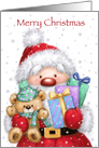 Santa holding teddy bear and Christmas presents, Merry Christmmas card