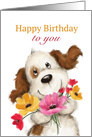 A cute dog with colorful flowers for birthday card