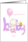 Soft baby girl color letter and cute baby elephant with pink balloon card
