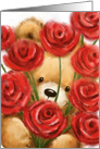 Close up bear peeking through lots of red roses,Happy Birthday! card