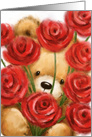 Close up bear peeking through lots of red roses,missing you Valentine card