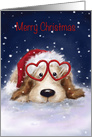 Cute dog wearing red heart shaped glasses, merry christmas card