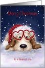 Cute dog wearing red heart shaped glasses, merry christmas loved one card