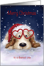 Cute dog wearing red heart shaped glasses, merry christmas loved one card