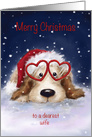 Cute dog wearing red heart shaped glasses, merry christmas for wife card