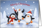 Three cute penguins are enjoying & dancing with snow,Merry Christmas card