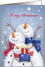 Cheerful snowman family in snow to celebrate Christmas time. card