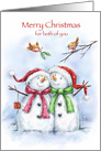 Two cute snowmen couple with Santa’s hat , Merry Christmas both of you card