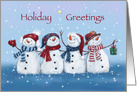 Four cute snowmen with hats together celebrating Christmas holidays. card