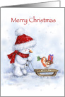 Cute snowman with Santa’s hat and robin on sleigh, merry Christmas card