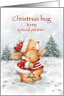 Cute rabbits with Santa’s hat cuddling,christmams hug to my partner card