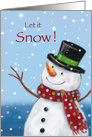Snowman with hat and colorful scarf enjoying, let it snow card