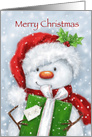 Snowman with Santa’s hat holding big green present,Merry Christmas card