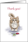 Soft colored cute cat with big eyes in front of red rose, thank you card