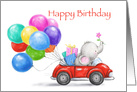 Cute little elephant driving car with birthday presents and balloons. card