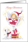Little fairy girl dancing on Christmas present, with love for niece card