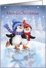 Penguin couple skating together in icy snow scene, to both of you card