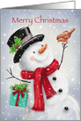 Snowman with lovely present on his branch arm,greeting to robin card