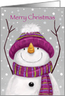 Snowman with lovely hat and scarf with snow background, Christmas card