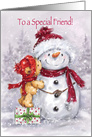 Cute bear standing on present kissing his special snowman friend card