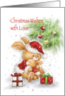 Cute rabbit holding granddaughter with Christmas tree and presents card