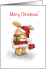 Cute little rabbit wearing Santa’s clothing with present,granddaughter card