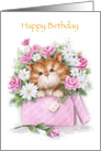 Cute cat popping up from box with many flowers, Happy Birthday Mom card