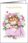 Cute cat popping up from box with many flowers, Happy Birthday Mom card