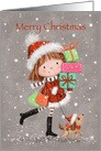 Cute girl with shopping bags and present, merry Christmas daughter card