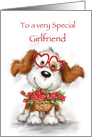 Cute dog wearing heart shaped eyeglasses with roses, for girlfriend card