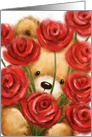 Cute bear peeping through a bunch of red roses, Happy Valentine’s Day card
