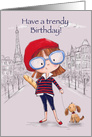 Cute young girl shopping with dog in Paris, Happy Birthday Sister card