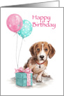 Cute dog sitting with balloons and present, Happy Birthday card