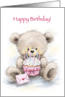 Cute bear sitting and holding a pretty cake with letter, Happy Birthdy card