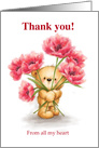 Cute bear holding and peeking through big red flowers, Thank you card