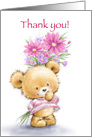 Cute bear holding bunch of flowers behind him, Thank you card