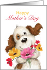 Cute funny dog smiling with colorful flowers for Happy Mother’s Day card