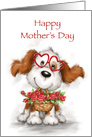 Cute funny dog smiling with flower basket for Happy Mother’s Day card