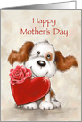 Cute funny dog smiling with big heart with rose for Happy Mother’s Day card