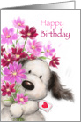 Cute little bear offering a huge bunch of flowers, Happy birthday. card