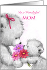 Cute bear cub offering beautiful flowers to mom, Happy Mother’s Day card